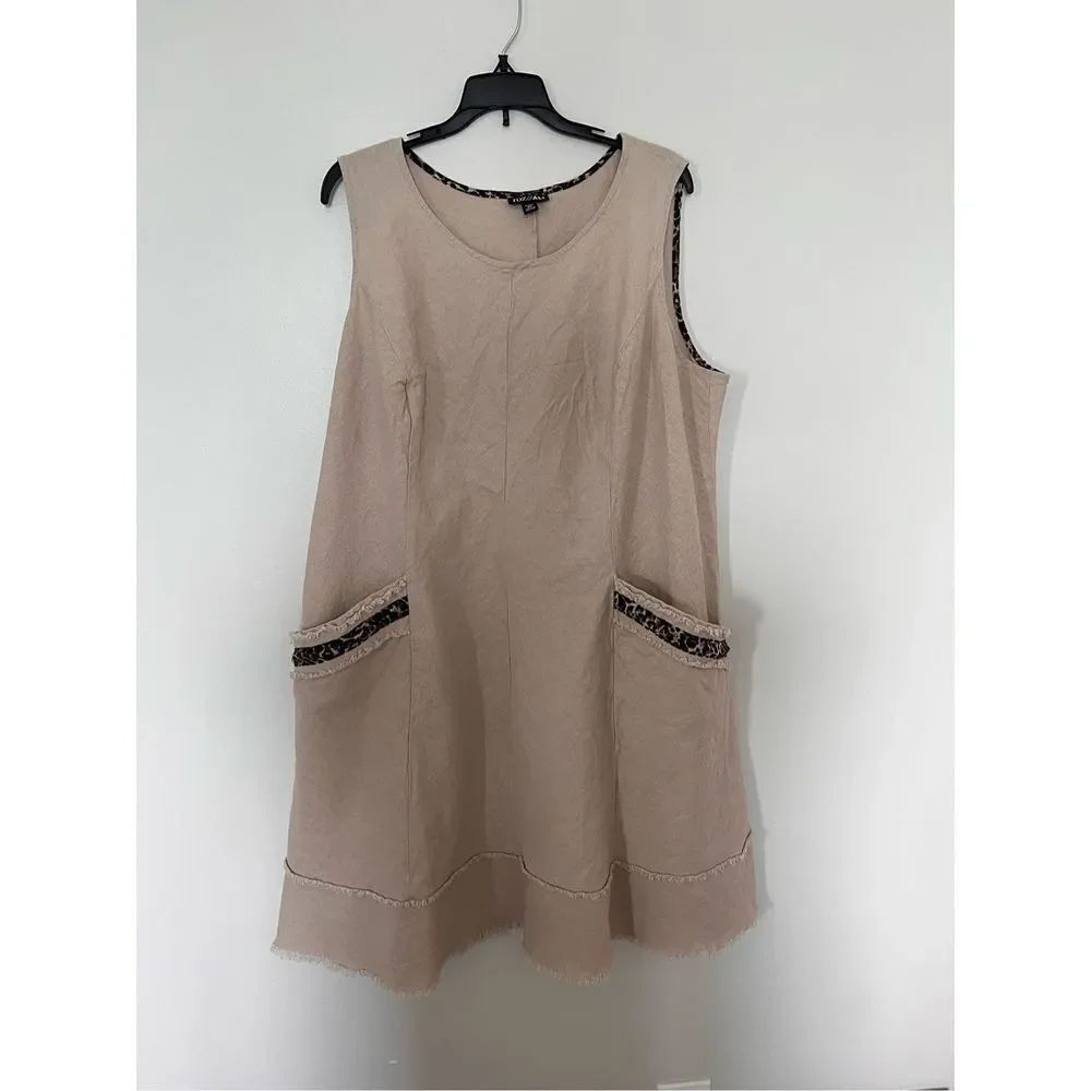 Roz & Ali Tan & Leopard Fringe Linen Blend A-Line Swing Dress sz 22 EUC